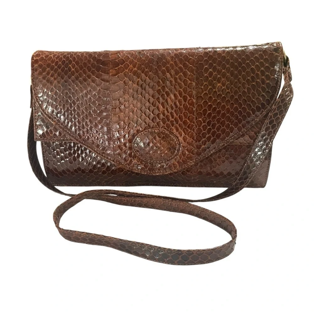 Vintage Brown Snakeskin Envelope Shoulder Bag Crossbody Purse 10”L x 6.5”W x 4”D